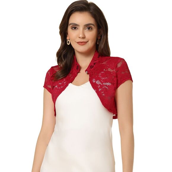 Lace Cardigan Stand Collar Short Sleeve Shrug Red - Picture 1 of 5